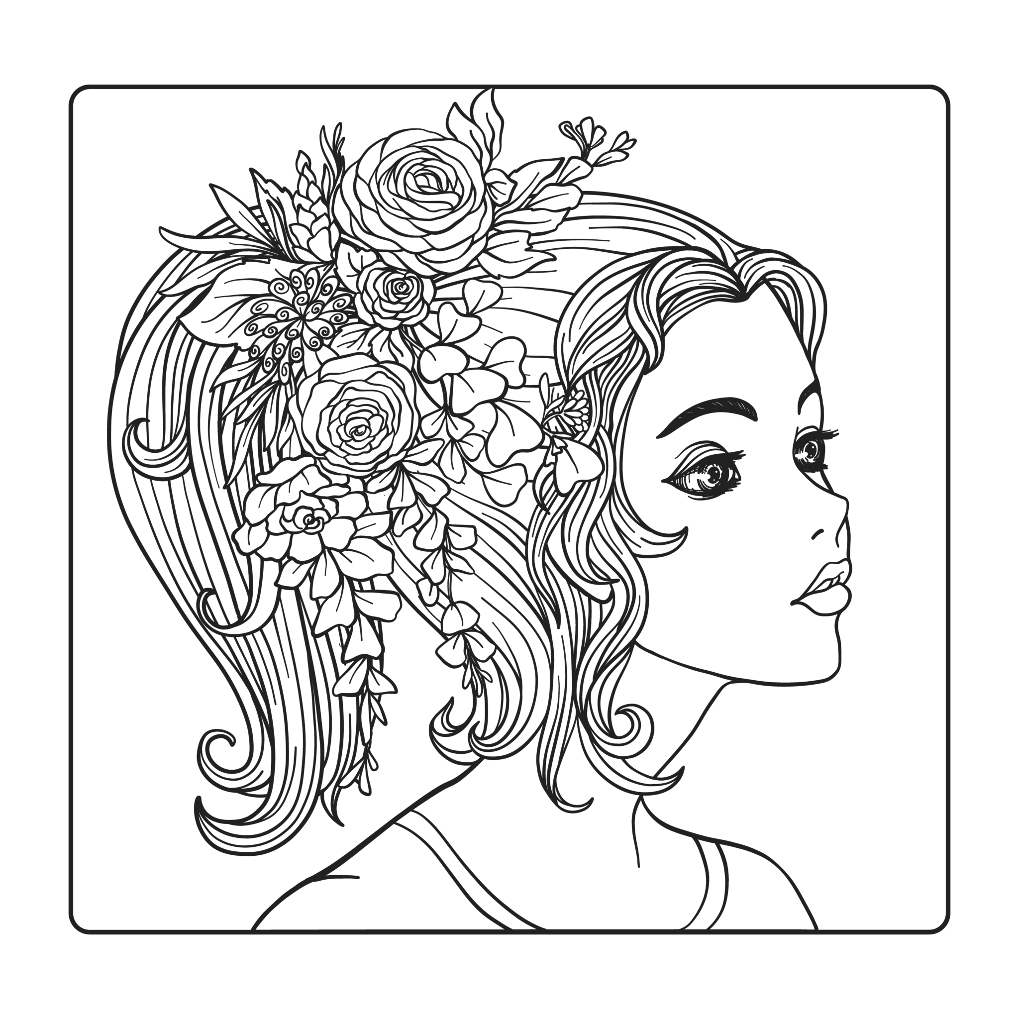 Раскраска девочка с цветами на голове